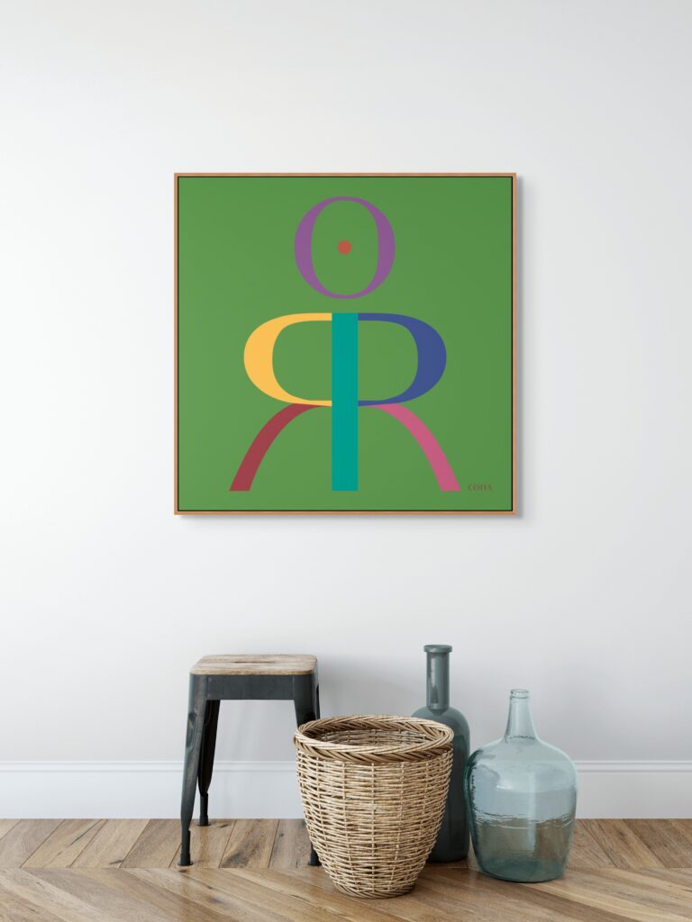 alt="Colorful geometric abstract painting on green background, COHA collection